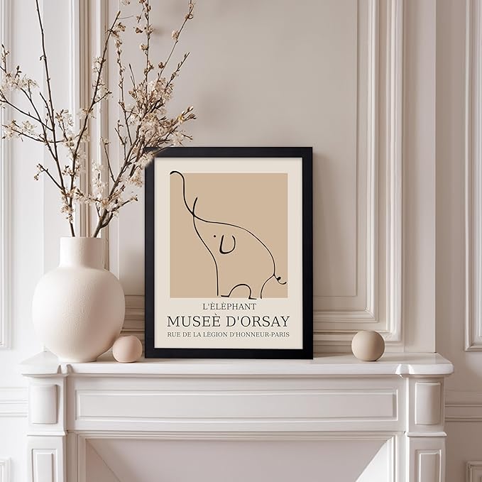 Poster Master Vintage Poster - Retro Minimalist Print - Gift for Artist, Housewarming - Elephant, Line Drawing, Sketch, Abstract - Wall Decor for Living Room, Bedroom, 8x10 Black Framed-Ruum Studio Home