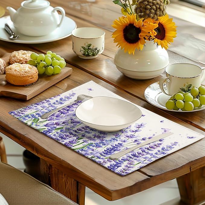 Lavender Placemats Set of 4 Purple Flower Butterfly Linen Fabric Table Mats Seasonal Spring Summer Rustic Floral Placemat Farmhouse Decorative Washable Place Mats for Home Kitchen Dining Table-Ruum Studio Home