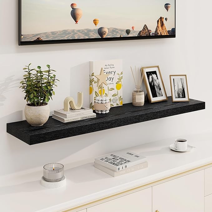 Black Floating Shelves 48 Inch Long, 8 Deep Floating Shelves for Wall, Rustic 48" Long Fireplace Mantel, Large 48 x 8 Wall Shelves for Bedroom, Living Room, Bathroom, Black Deep Shelves Set of 1-Ruum Studio Home
