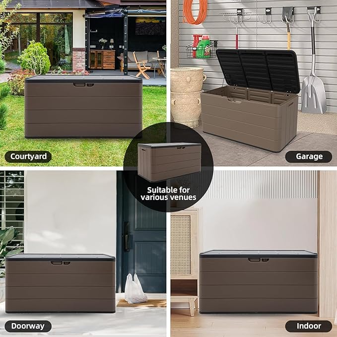 100 Gallon Plus Outdoor Storage Box Waterproof Lockable Resin Deck Box Large, Patio Storage Bin for Pool Accessories Cushion Furniture, Garden Tools, UV-Resistant Outside Delivery Brown-Ruum Studio Home