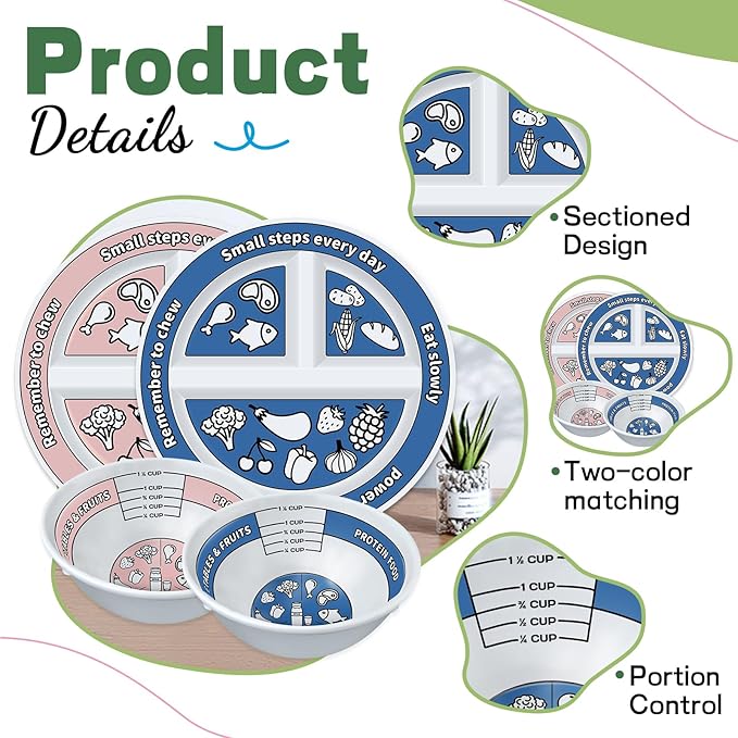 4 Pcs Portion Control Plates & Bowls Set (2 Plates + 2 Bowls, 9 Inch) - Self-Measuring for Weight Loss, Gastric Bypass, LapBand, Diabetes & Healthy Diets, Pink & Blue, for Adults & Children-Ruum Studio Home