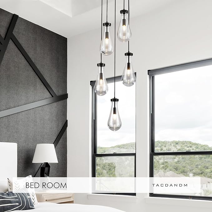 5-Light Raindrop Pendant Light Fixtures, Black Glass Pendant Lighting, Teardrops Modern Hanging Light for Entryway Foyer Kitchen Island Dining Living Room Hallway-Ruum Studio Home
