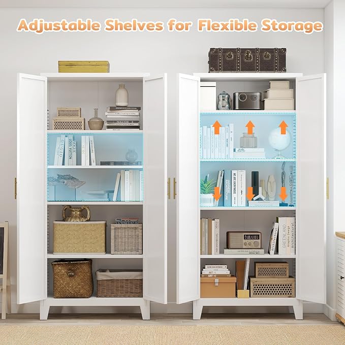 70.87" H Metal Kitchen Pantry Cabinet, Freestanding Cupboard with 2 Doors and 4 Adjustable Shelves, Tall Metal Storage Cabinet for Kitchen, Bathroom, Dinning Room or Laundry Room （White）-Ruum Studio Home