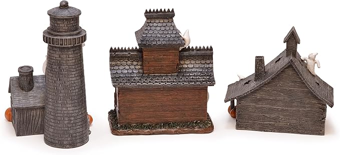 Mark Feldstein & Associates Spooky Halloween Color Changing Pre-Lit LED Haunted House Village Set, 8 Inch, Set of 3-Ruum Studio Home