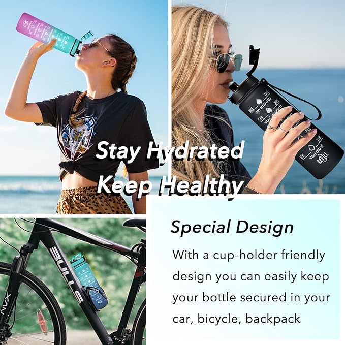Enerbone Water Bottle, Leakproof BPA & Toxic Free, Motivational Water Bottle with Times to Drink and Straw, Fitness Sports Water Bottle with Strap for Office, Gym, Outdoor Sports-Ruum Studio Home