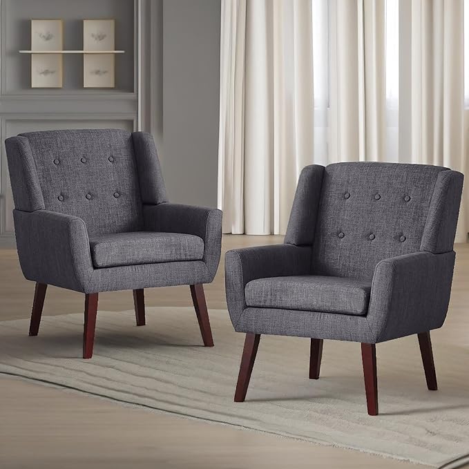 HUIMO Button-Tufted Accent Chairs Set of 2,Upholstered Reading Living Room Chair,Mid Century Modern Chair with Linen Fabric, Club Chair,Comfy Arm Chairs for Living Room,Bedroom,Grey-Ruum Studio Home