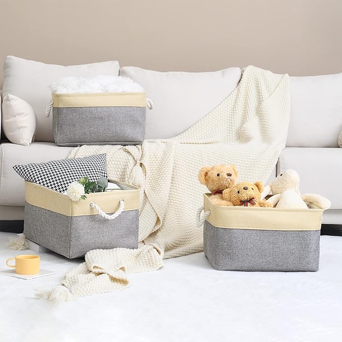 TheWarmHome Storage Basket for Organizing - 3 Pack 14x10x7 inch Large Collapsible Storage Bin for Shelves, Fabric Storage Cubes for Organizer ClosetCloth Gift Toy (Grey & Gold)-Ruum Studio Home