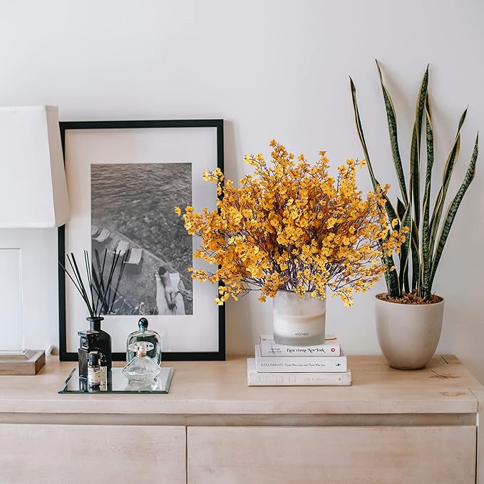 Sggvecsy 15 Pcs Babys Breath Artificial Flowers Gypsophila Bouquets Real Touch Fake Silk Flowers for Home Wedding DIY Floral Arrangement Table Centerpiece Thanksgiving Autumn Decoration (Orange)-Ruum Studio Home