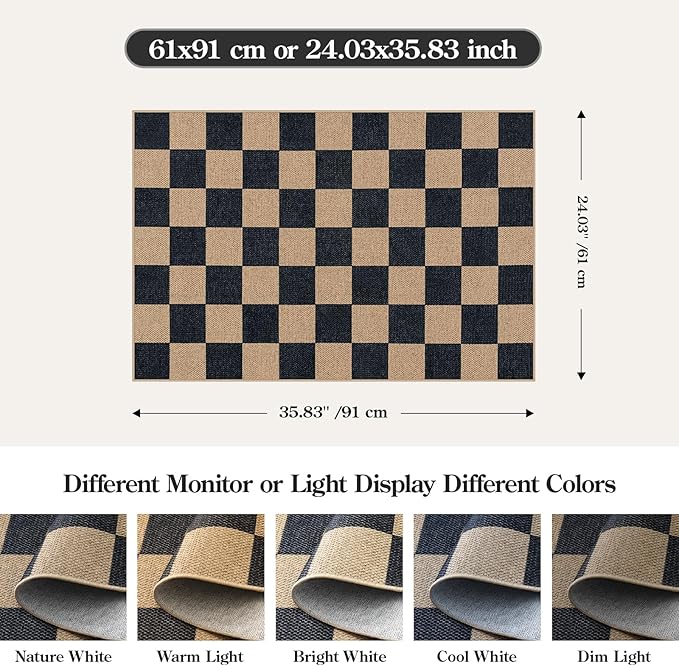 Lahome Checkered Easy Jute 2x3 Rug, Small Entryway Rug Non Slip Kitchen Front Door Mat, Farmhouse Neutral Area Rug Non Shedding Low Pile Floor Carpet for Foyer Porch Doorway-Ruum Studio Home