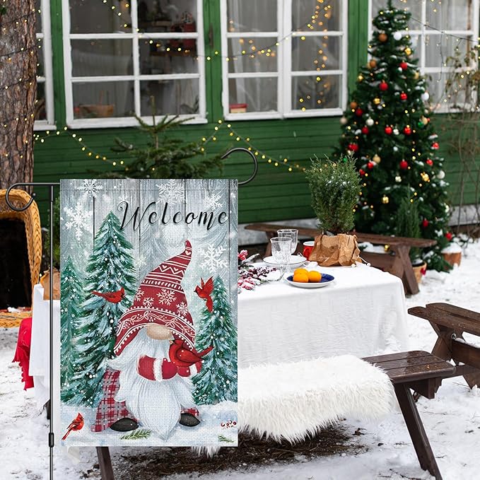 Heyfibro Welcome Christmas Garden Flag Winter Gnome Garden Flags 12x18 Double Sided Burlap Cardinals Snowflakes Snow Garden Yard Flags for Seasonal Outside Outdoor House Decoration (ONLY FLAG)-Ruum Studio Home