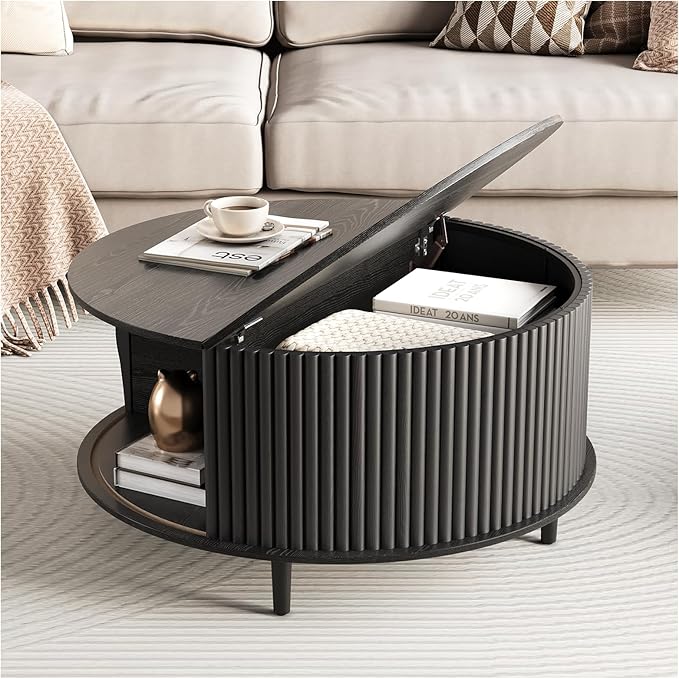 Round Coffee Table with Storage,Mid Century Modern Dining Table with Sliding Cabinet Door for Living Room,Home Small Space,31.5" Small Center Table,Black-Ruum Studio Home