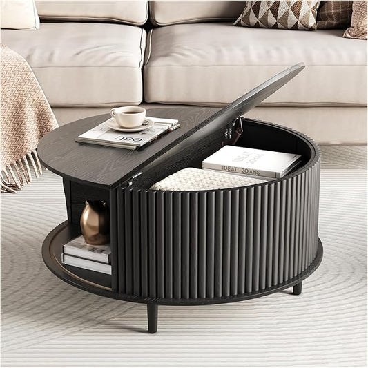 Round Coffee Table with Storage,Mid Century Modern Dining Table with Sliding Cabinet Door for Living Room,Home Small Space,31.5" Small Center Table,Black-Ruum Studio Home