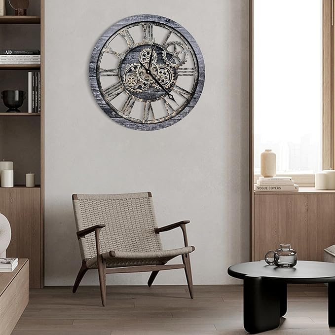 The B-Style Large Wall Clock 24 inch Moving Gear Wall Clock Oversized Vintage Farmhouse Wall Clocks for Living Room Decor Rustic Industrial Wood Clock (Carbon Gray, 36 inch/90cm)-Ruum Studio Home