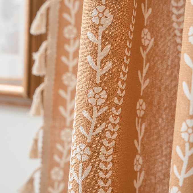 Sutuo Home Boho Curtains for Bedroom Dining Room 96 Inches Long, Printed Cotton Linen Rod Pocket Vintage Farmhouse Bohemian Tassels Window Treatment, 1 Panel 59" W x 96" L, Terracotta Stripe Florals-Ruum Studio Home