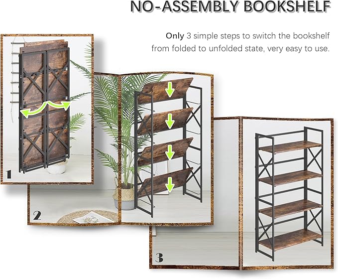 4NM 4 Tiers No Assembly Book Shelves, 41.3" H Folding Bookshelf Bookcase Open Industrial Foldable Shelves for Bedroom, Living Room, Home Office - Rustic Brown Black-Ruum Studio Home
