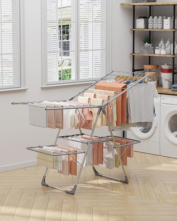 Clothes Drying Rack - Foldable Laundry Drying Rack for Clothing & Bedding, Easy-to-Assemble, Space-Saving Metal Airer with Non-Slip Feet, Indoor & Outdoor Use, 55.5"×22.8"×36.6", Gray-Ruum Studio Home
