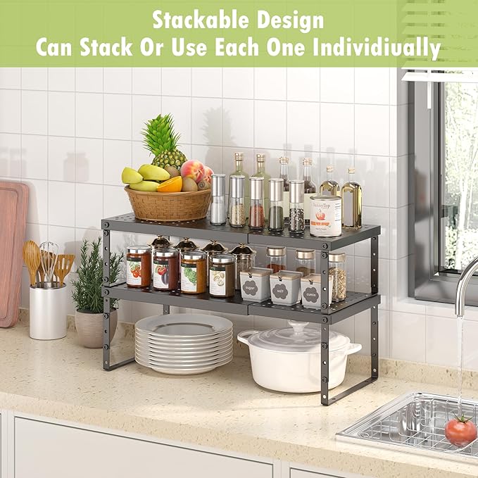Expandable Cabinet Organizer Shelf With Adjustable Height, Stackable Kitchen Countertop Organizer Rack, Adjustable Shelf Riser For Kitchen Counter, Pantry, Cupboard, Desk, Tabletop-Ruum Studio Home