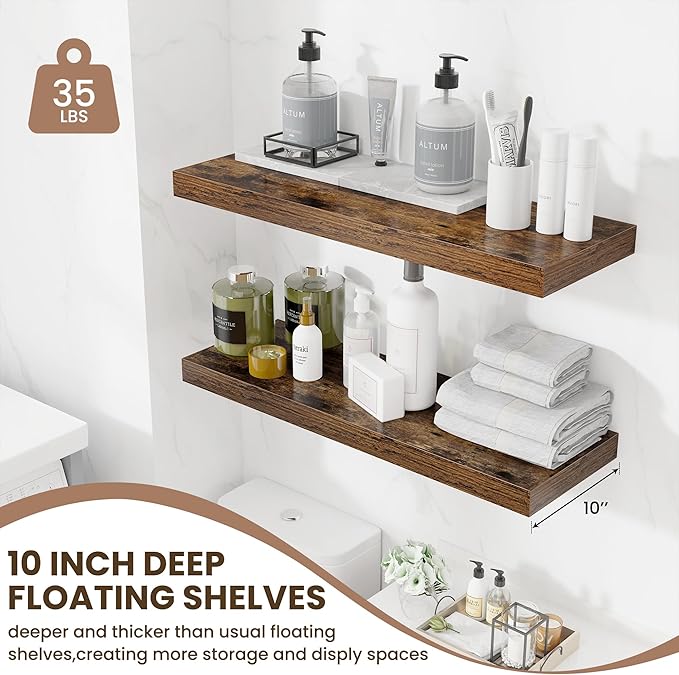 Fun Memories Floating Shelves for Wall, 32 Inch Long Floating Shelves Set of 2, 32 x 10 Wooden Shelves for Wall, Large Storage Shelves, Hanging Shelves for Bathroom Kitchen Bedroom, Rustic Brown-Ruum Studio Home