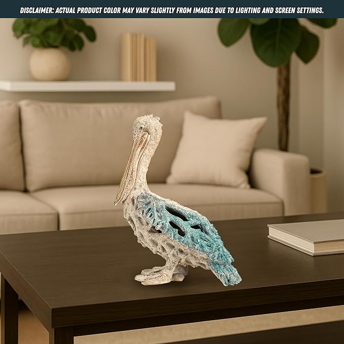 Blue Pelican Standing Figurine 13.75” Coastal Coral Reef Home Decor Nautical Beach Statue for Tabletop Shelf or Mantel Ocean Inspired Room Accents-Ruum Studio Home