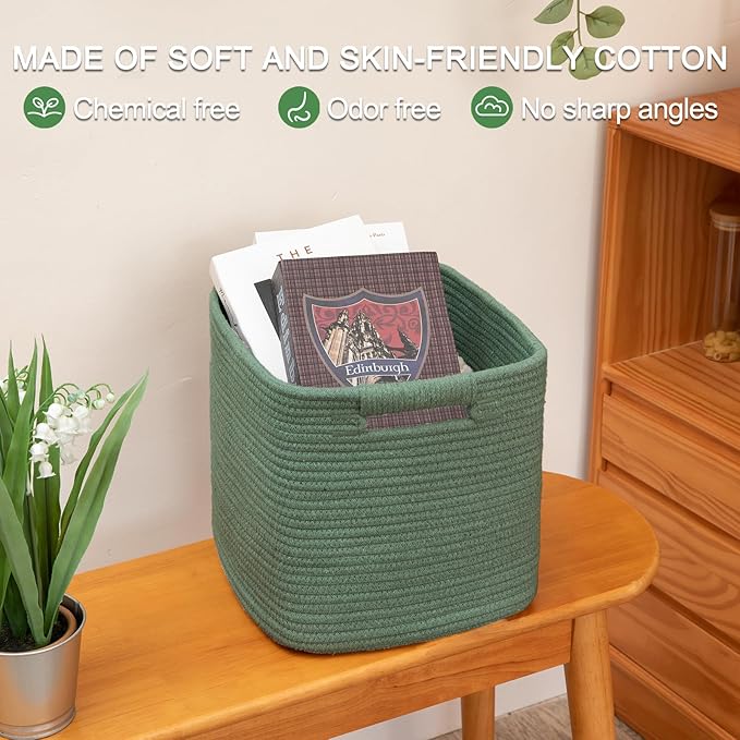 OIAHOMY Storage Cubes 11 Inch Storage Bins-3 Pack, Cotton Rope Woven Baskets for Organizing, Square Baskets for Shelves Organizer, Classroom, Toy Basket, Green-Ruum Studio Home