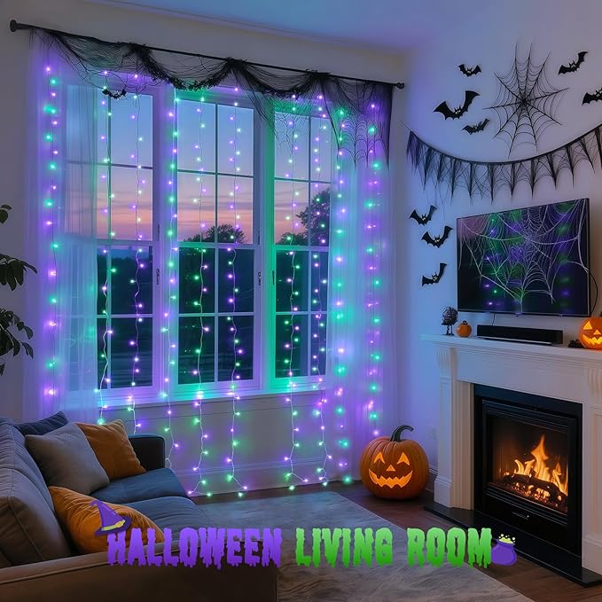 JMEXSUSS 300LED Halloween Curtain Lights with Remote, 9.8x9.8ft Halloween Lights Plug in, Christmas Twinkle Hanging String Light for Bedroom Wall Window Backdrop Indoor Outdoor Decor, Purple and Green-Ruum Studio Home