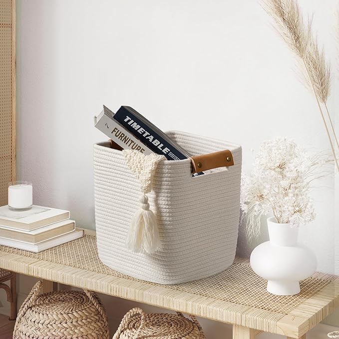danpinera Set of 3 11 Inch Storage Baskets, Cube Storage Bins, White Woven Baskets with Stable Leather Handles, Square Cotton Rope Bins for any Room, Easy to Recover-Ruum Studio Home