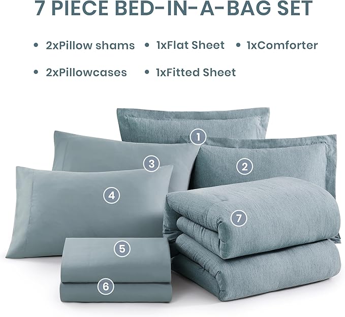 Monbix Queen Comforter Set - 7 Pieces Dusty Blue Cationic Dyeing Bed in a Bag Queen Bedding Sets with Sheets, Pillowcases & Shams, Reversible Bedding Comforters-Ruum Studio Home