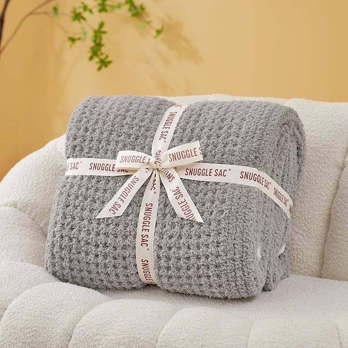 Snuggle Sac Grey Waffle Throw Blanket for Couch Bed Sofa 60x80 inches, Reversible Grey Blanket Microfiber Fluffy Fuzzy Cozy Knit Twin Blanket for Women Mothers Birthday Gifts-Ruum Studio Home