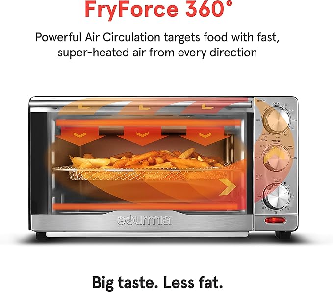 Gourmia GTF7350 6-in-1 Multi-function, Stainless Steel Air Fryer Oven - 6 Cooking Functions - Fry Basket, Oven Rack, Baking Pan & Crumb Tray, Included + Recipe Book-Ruum Studio Home