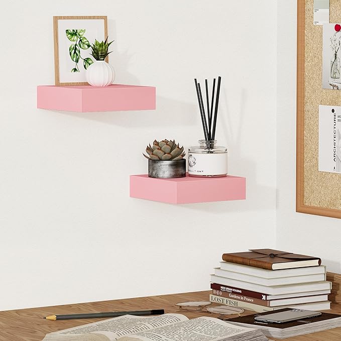 BAMEOS Pink Floating Shelves for Wall, 6" x 6" Wall Shelves for Room, Floating Book Shelves, Hanging Shelves for Bedroom, Bedroom, Living Room, Kitchen (Set of 2)-Ruum Studio Home