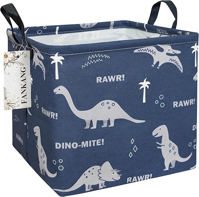 FANKANG Square Nursery Hamper Storage Bins Canvas Laundry Basket Foldable with Waterproof PE Coating Storage Baskets Gift Baskets for Children, Office, Bedroom, Clothes（Square-Blue dinosaur ）-Ruum Studio Home