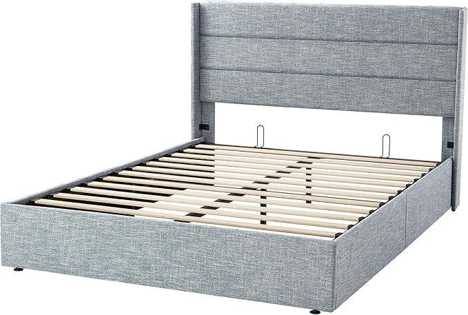 Allewie Queen Size Lift Up Storage Bed, Modern Wingback Headboard, Hydraulic Support, No Box Spring Needed, Grey Blue-Ruum Studio Home