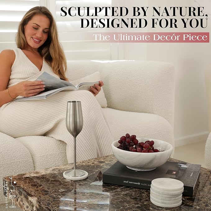 Gusto Nostro 8" Luxury White Marble Decorative Bowl for Coffee Table - Elegant Modern Fruit Bowl for Kitchen Counter - Heavy Stone Entryway Catch all for Keys, Jewelry, Potpourri Holder - Medium Size-Ruum Studio Home