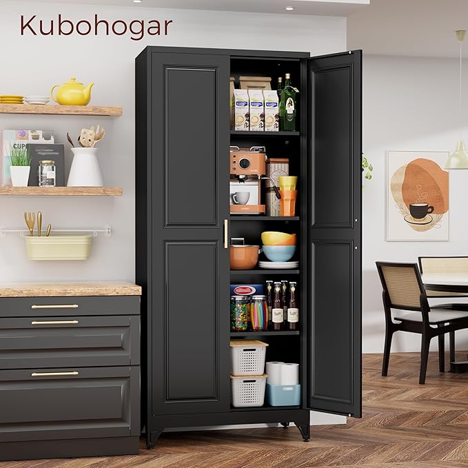 75" Kitchen Pantry Cabinet, Black Metal Storage Cabinets with 2 Doors and 4 Adjustable Shelves, Tall Pantry Storage Cabinet for Kitchen, Dining Room, Living Room-Ruum Studio Home