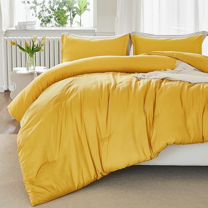 Litanika Mustard Yellow Comforter Set Queen Size, 3 Pieces Lightweight Solid Bedding Comforter Set, All Season Fluffy Bed Set (90x90In Comforter & 2 Pillowcases)-Ruum Studio Home