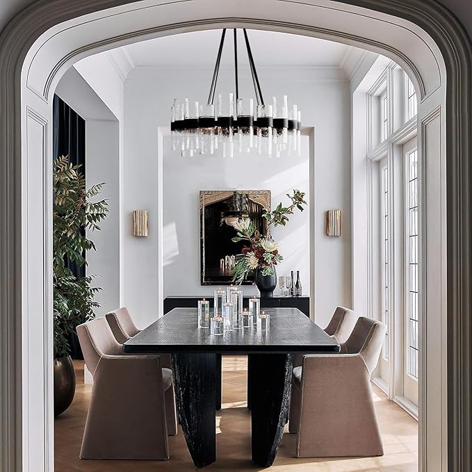 Round Black Glass Wagon Wheel Chandelier, Chandelier with Water Ripple Textured Recycled Clear Glass Piece, Modern Industrial Pendant Light with Metal Frame, Lighting Fixture for Living Room, Foyer-Ruum Studio Home