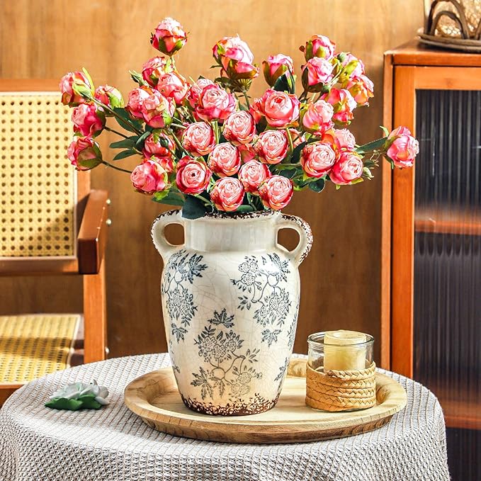 Enra Vintage vase with Handle,9.4 inch Blue and White Ceramic Decorative Flower vase, Chinoiserie Floral Vase,Large Rustic Vases for Home Decors, Living Room, Bookshelf, Office-Ruum Studio Home