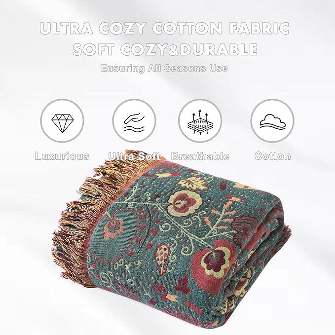 MSGKV Boho Throw Blanket for Couch and Sofa Cotton Blankets for Living Room Bedroom Reversable Florals Throw 60"x80" Breathable Cozy Blankets-Ruum Studio Home