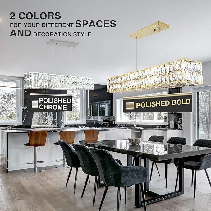 IKK Modern Rectangle Chandelier for Dining Room, Crystal Chandeliers with Stainless Steel in Chrome, Large Rectangular Pendant Light for Kitchen Island L40 x W6.7 x H6.3-Ruum Studio Home