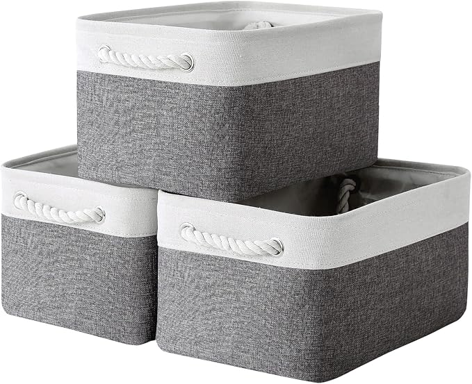 TcaFmac Collapsible Storage Bins for Organization - Large 3 Pack Canvas Storage Basket for Shelves, Organizer Baskets for Organizing for Closet Cloth Dog Toy Baby (White & Grey 16x12x8 inch)-Ruum Studio Home