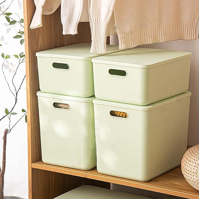 4 pack large plastic White storage bins Baskets, Toy Box Chest with Lids and Handle，Organizer Containers for Baby，Kids,snacks,Nursery，Shelves，Playroom, Bedroom，Office,Closet，home-Ruum Studio Home