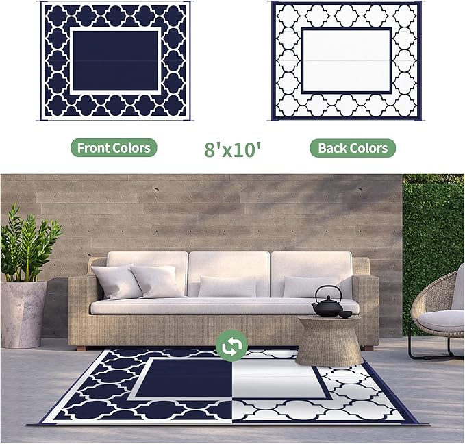 GENIMO Outdoor Rug 8' x 10' Patio Waterproof, Foldable Reversible Plastic Straw Area Rugs Mat for Camper Decor, Outside Carpet for Rv, Deck, Porch, Picnic, Beach, Balcony, Blue & White-Ruum Studio Home