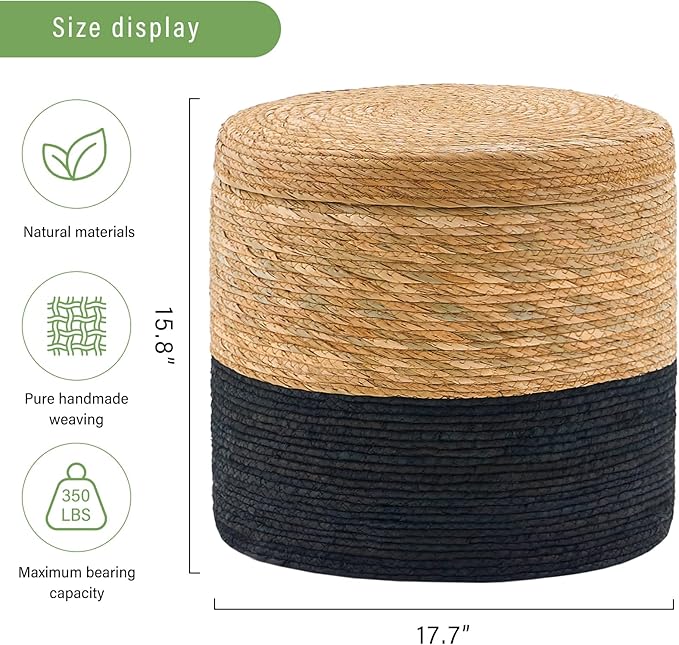 Wimarsbon 18'' Ottoman Pouf, Natural Braided Poof, Rustic Handweave Lounge Pouffe, Boho Footrest Stool for Bedroom, Accent Table for Living Room (Storage - 18inch Cattail+Black Corn Husk L)-Ruum Studio Home