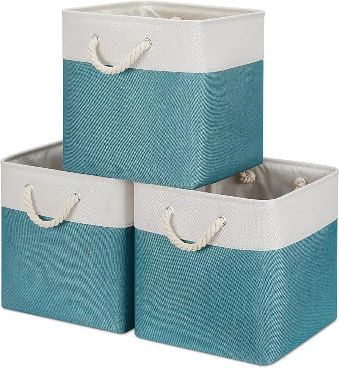 Bidtakay Fabric Baskets for Closets Shelves Lined Set of 3 Large Square Collapsible Storage Bins for Organizing 13 X 13 Cube Storage Bins for Pantry Organization Storage(Teal Blue)-Ruum Studio Home