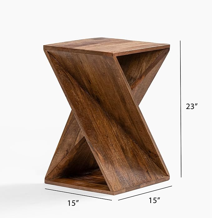 Modern Hand Made One-of-a-Kind Carved Mango Wood End Table, Farmhouse Side Table,Farmhouse End Table,Living Room,Bedroom, Accent Table, Contemporary Architectural Designed Natural-Ruum Studio Home