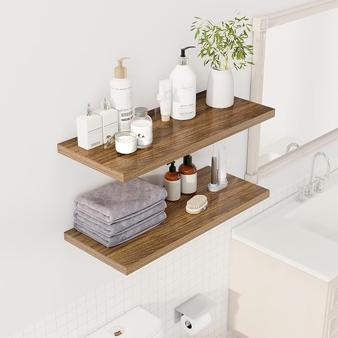 32" Floating Shelves for Wall, 12" Deep Slim Walnut Floating Shelves, Wall-Mounted Shelves for Bedroom, Living Room, Kitchen, Bathroom - Set of 2-Ruum Studio Home