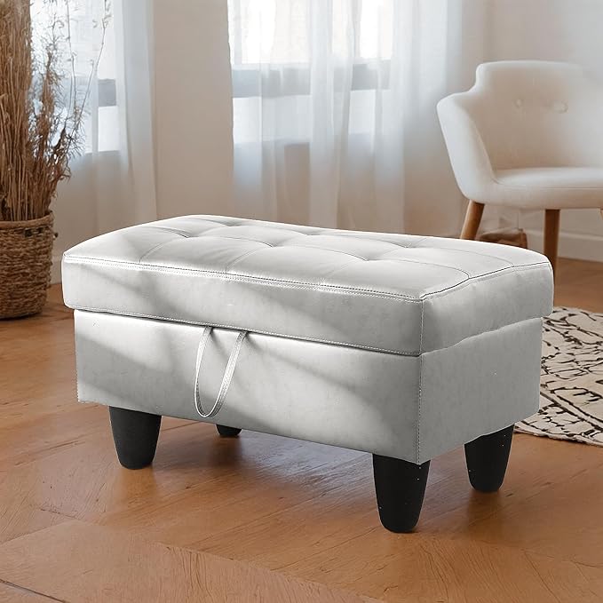 Ottoman Rectangular Storage Ottoman Bench, Faux Leather Footrest, Coffee Table, Stool Footstool with Hinged Lid for Living Room, Bedroom, Entryway, Silver, 35"x23.5"x17.5"-Ruum Studio Home