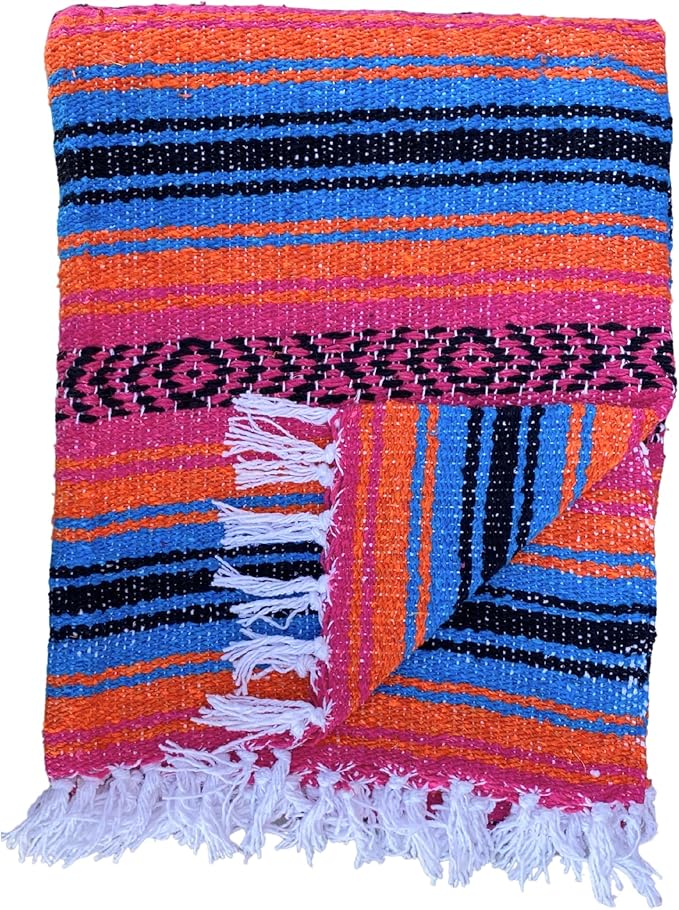 Del Mex Classic Mexican Blanket, Large Authentic Woven Falsa Throw (70"x50"), Artisan Southwest Décor for Beach, Yoga, Outdoors (Turquoise/Pink/Orange)-Ruum Studio Home