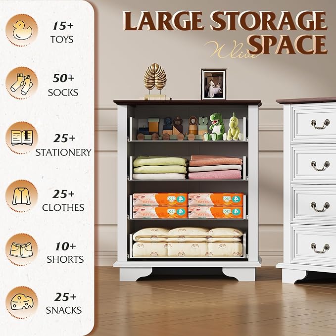 WLIVE Farmhouse Dresser for Bedroom, Tall Wood Dresser with 4 Drawers, Chest of Drawers with Roman Metal Handle for Living Room, Hallway, Closet, White-Ruum Studio Home