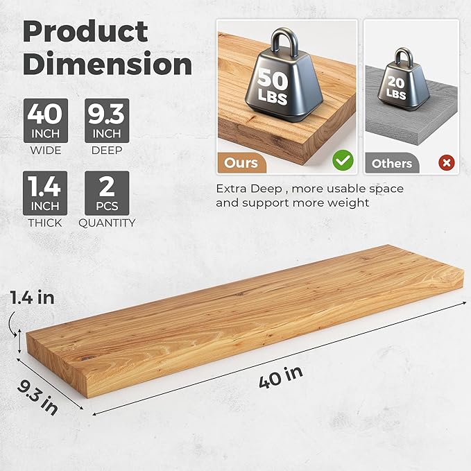 RICHFOCUS Elm Floating Shelves for Wall - 40" W x 9.3" D Rustic Solid Wood Shelves with Invisible Bracket, Wall-Mounted for Living Room, Bedroom, Kitchen Storage & Display, Set of 2, Natural-Ruum Studio Home